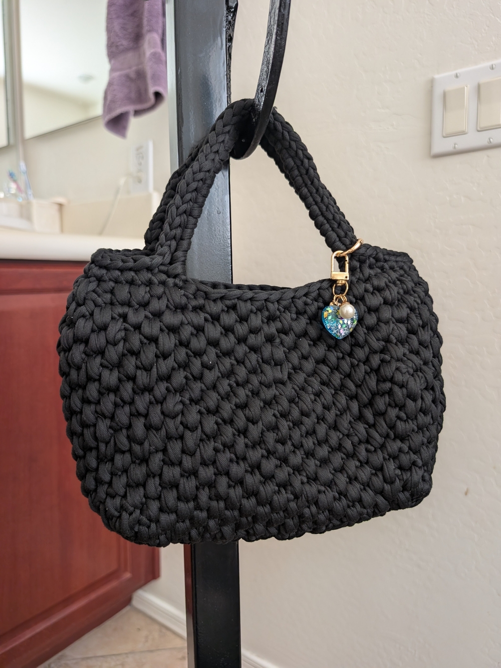 Black Crochet Tote Bag with Heart Charm - Unbranded